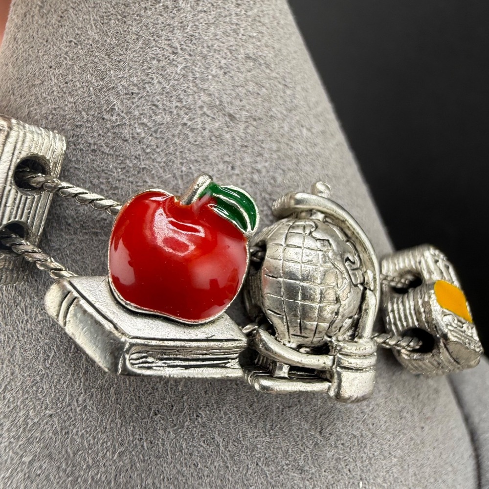 Teacher School Slide Charm Bracelet Silver Tone Enamel Bus Apple Books 7" - Picture 3 of 12